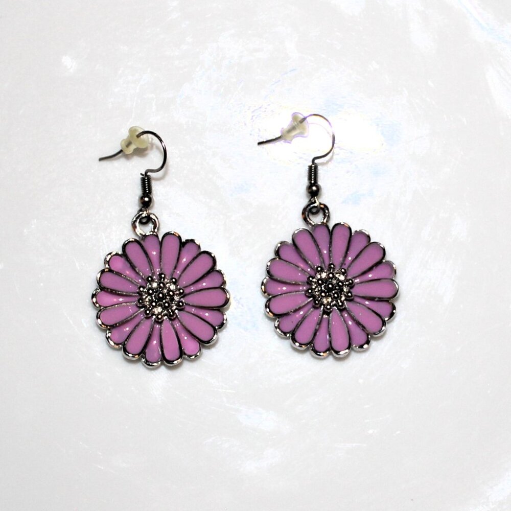 Floral Enamel 'Adorably Distracted' Purple Daises Dangle Earrings
